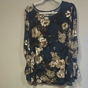 Susan Graver Floral Print Blouse - Blue and Cream